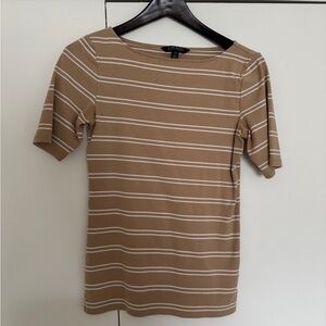Lauren Ralph Lauren Stretch Cotton Boat Neck Top Tan White Stripes Small